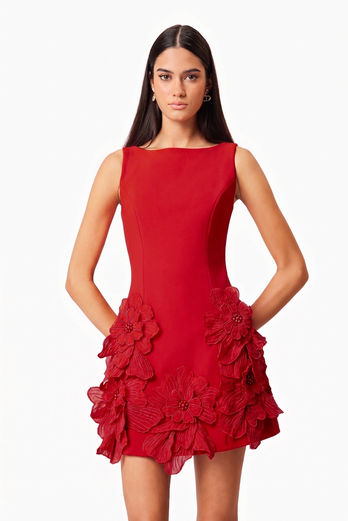 3D Flower Solid Round Neck Mini Dress