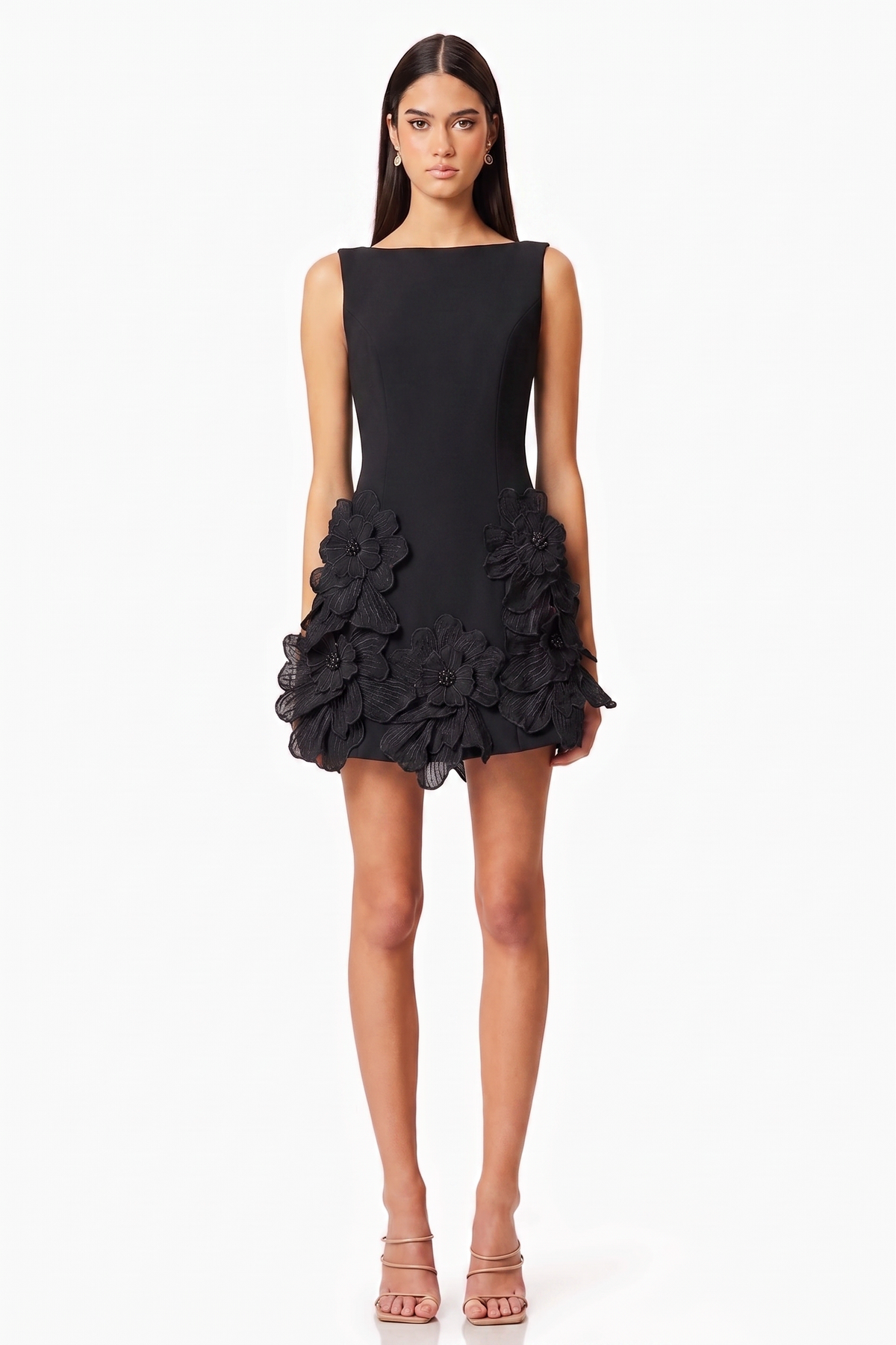 3D Flower Solid Round Neck Mini Dress