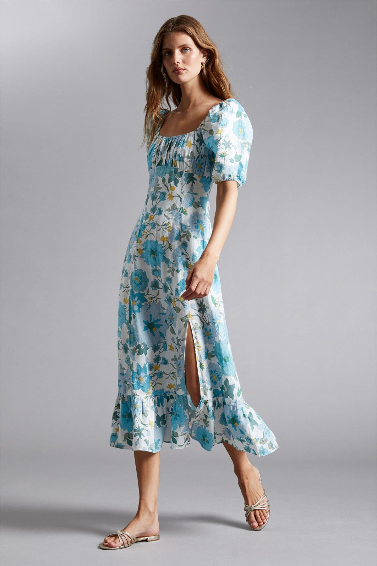 Floral Puff Sleeve Square Collar Slit Midi Dress