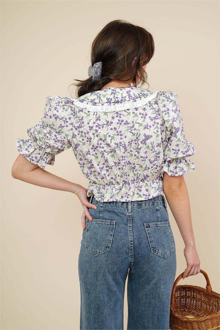 Floral Puff Sleeve Doll Collar Blouse