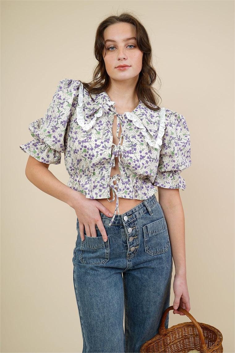 Floral Puff Sleeve Doll Collar Blouse