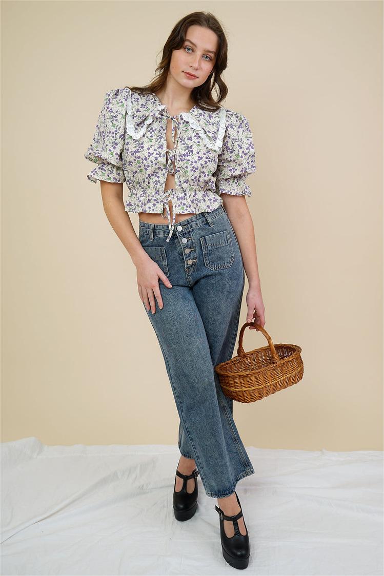 Floral Puff Sleeve Doll Collar Blouse
