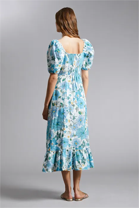 Floral Puff Sleeve Square Collar Slit Midi Dress
