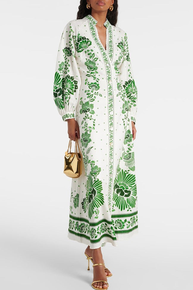 Floral Lantern Sleeve Bottom Midi Dress