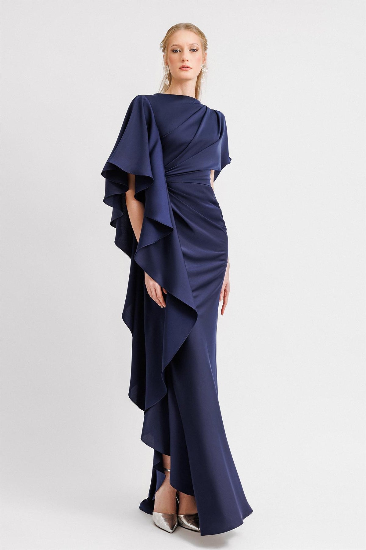 Satin Gathering Ruffle Maxi Dress