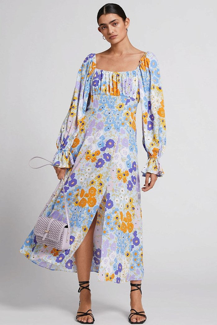 Floral Puff Sleeve Split Midi Dress