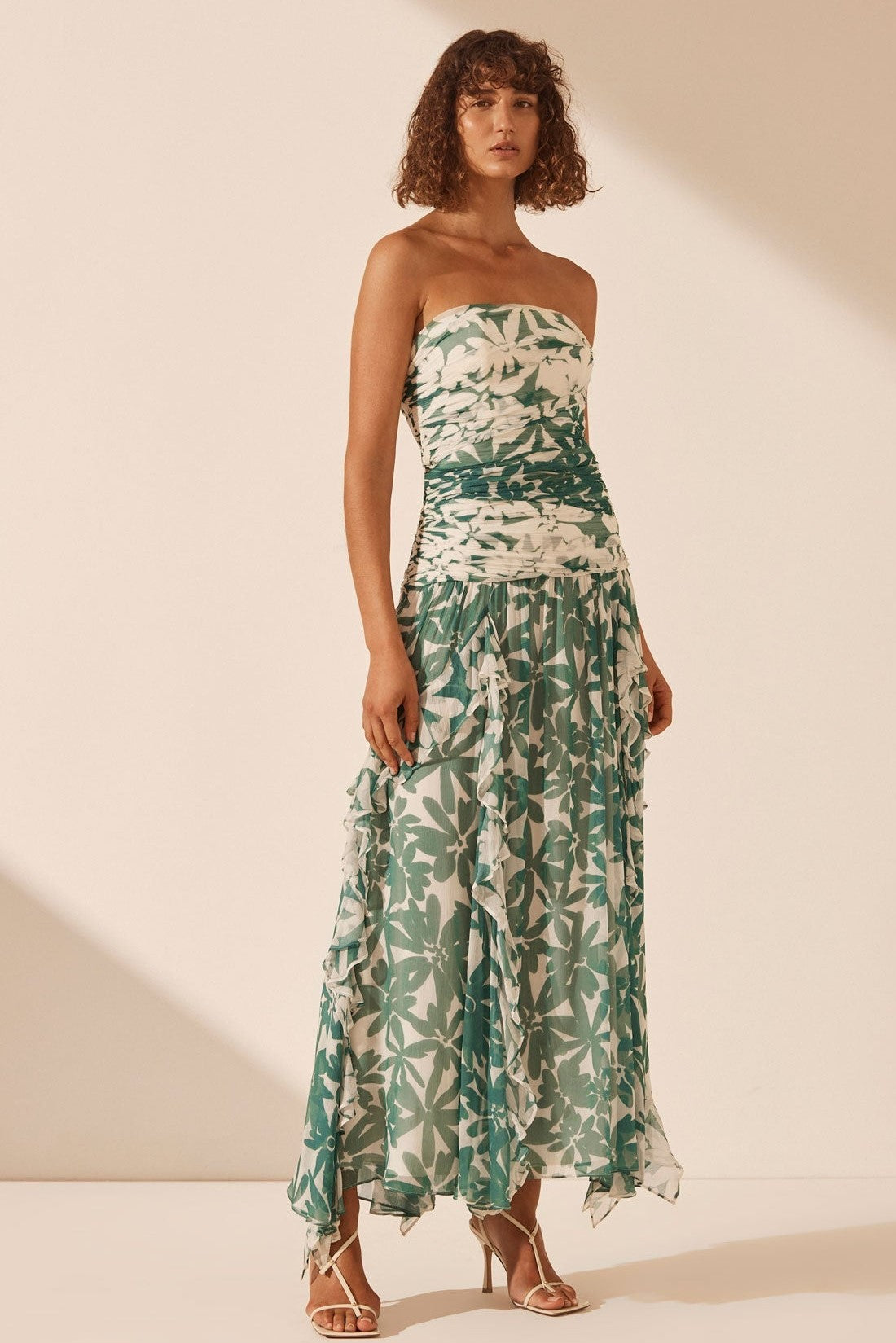 Floral Ruched Strapless Midi Dress