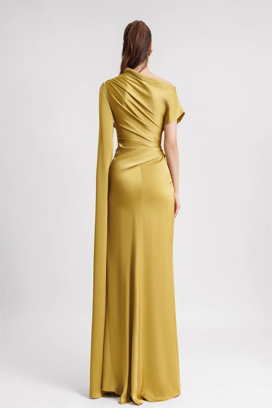 Satin Asymmetrical Neckline Draped Maxi Dress