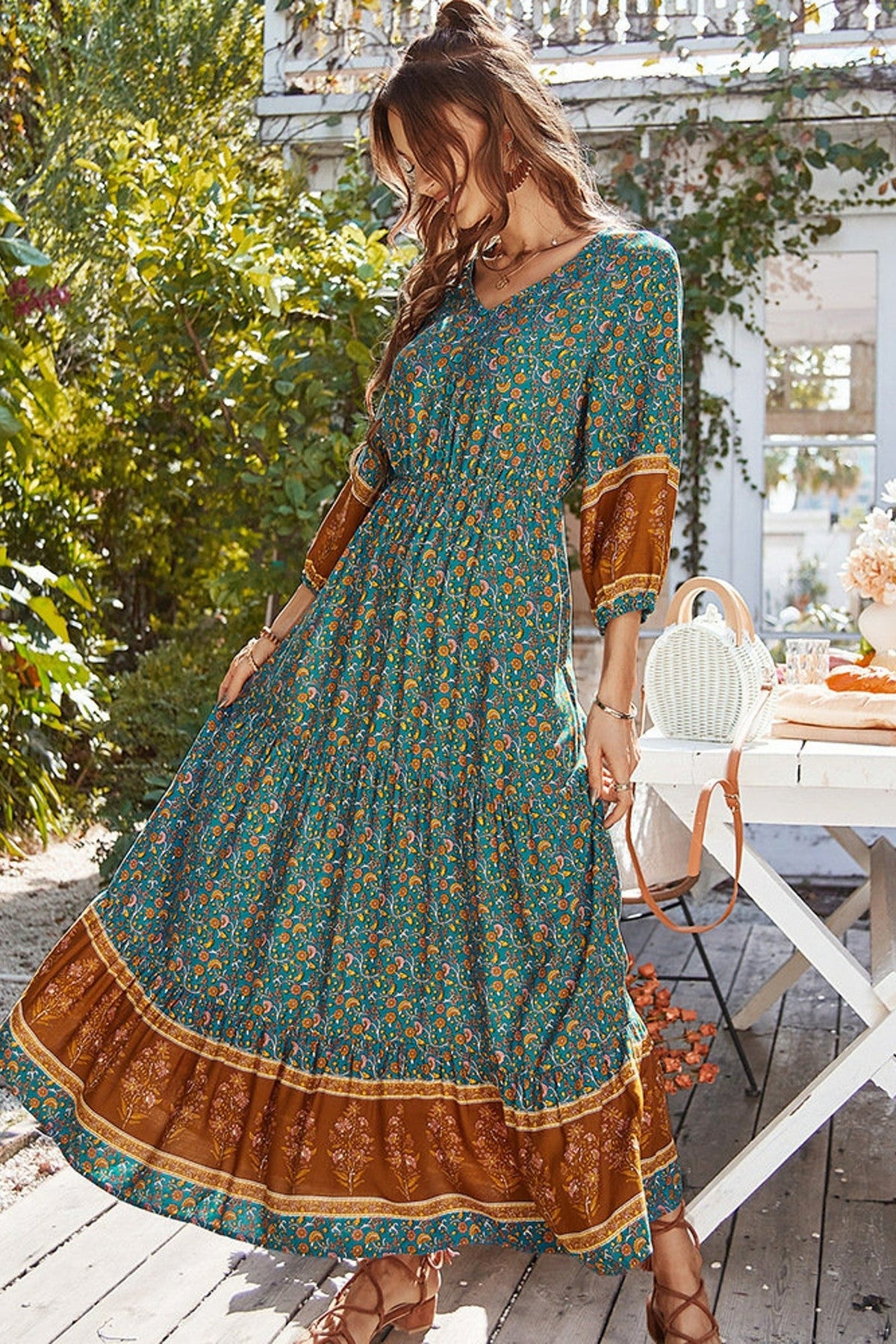 Boho Print Puff Sleeve Loose Maxi Dress