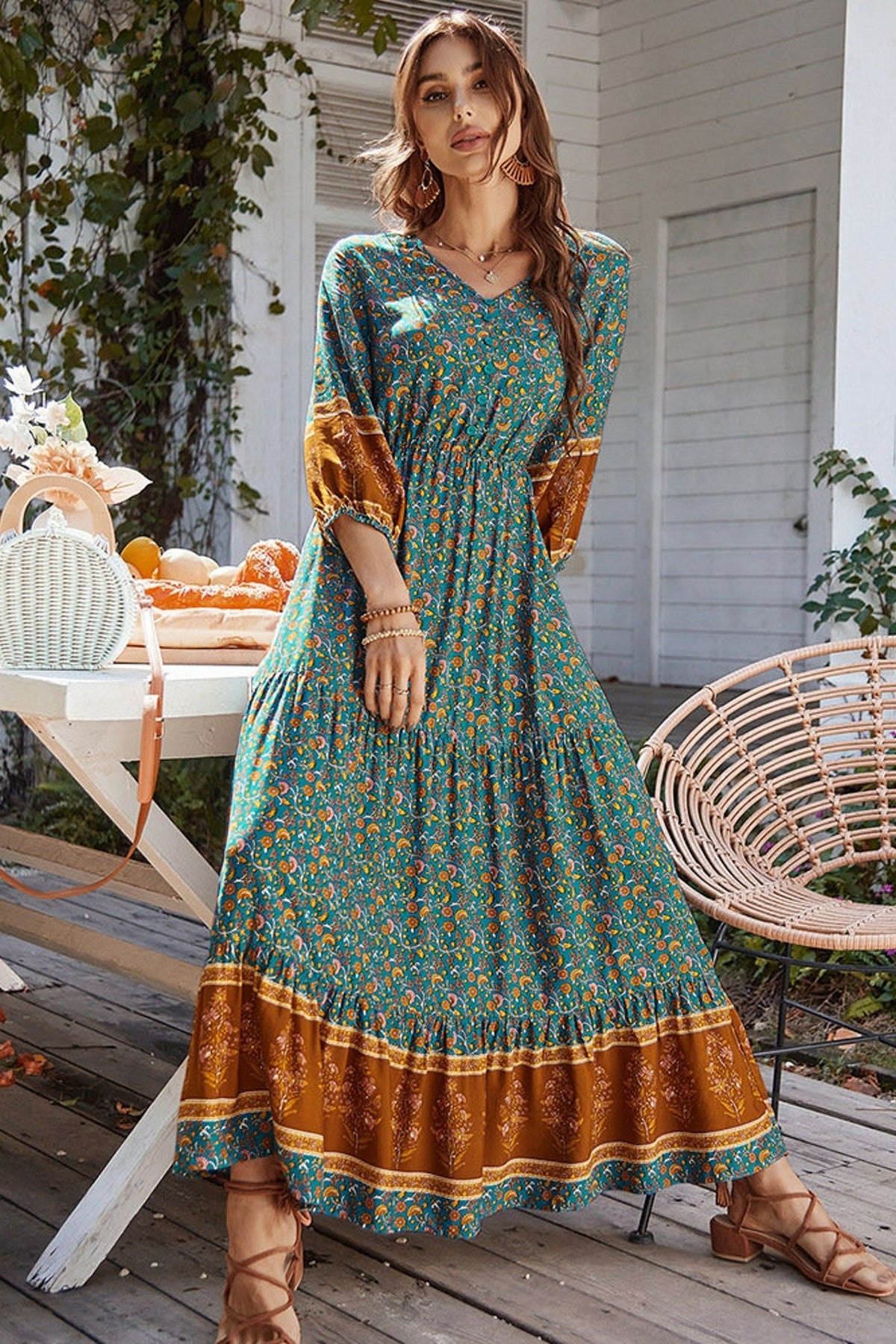 Boho Print Puff Sleeve Loose Maxi Dress