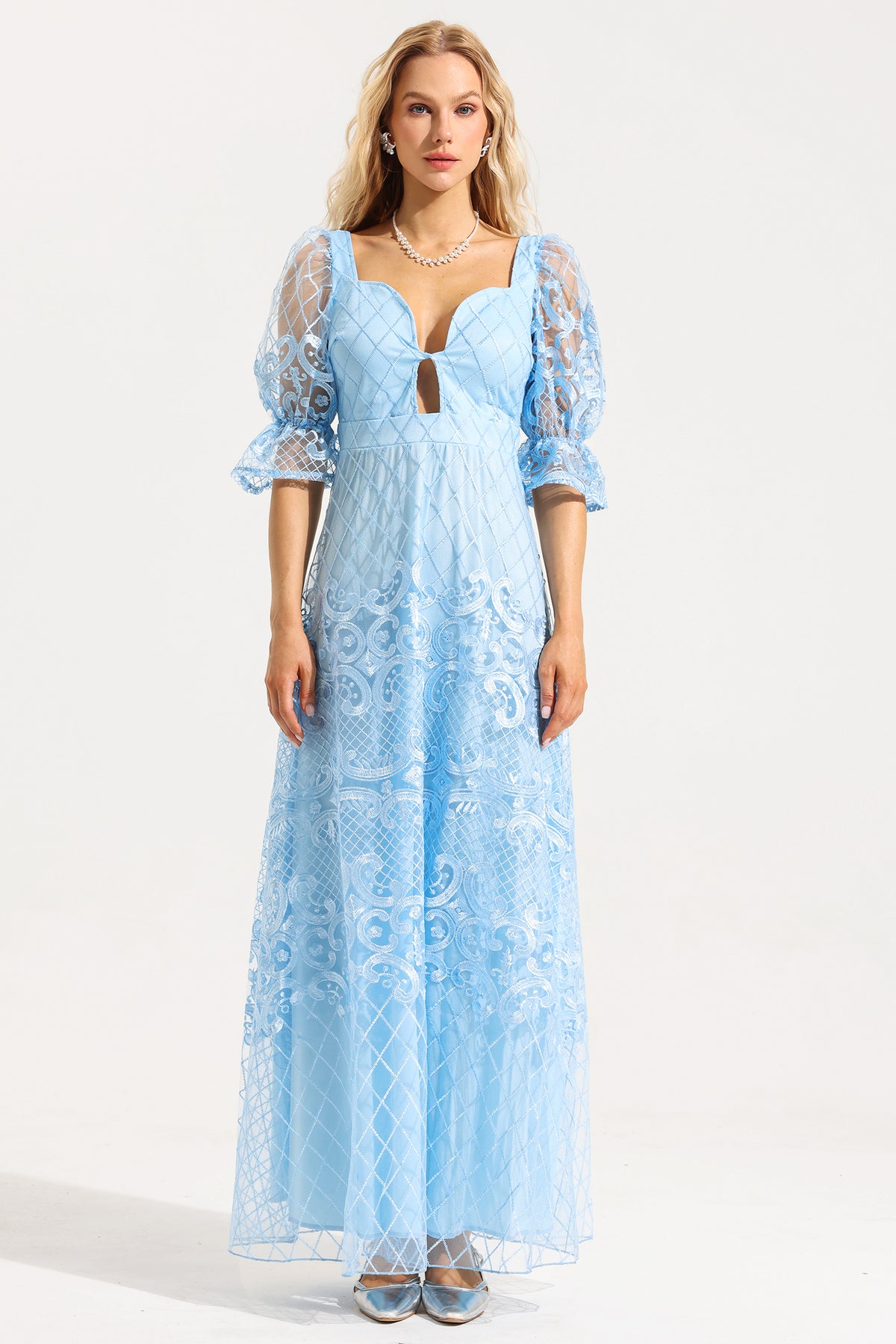 Lace Sweetheart Neck Puff Sleeve Bodycon Maxi Dress