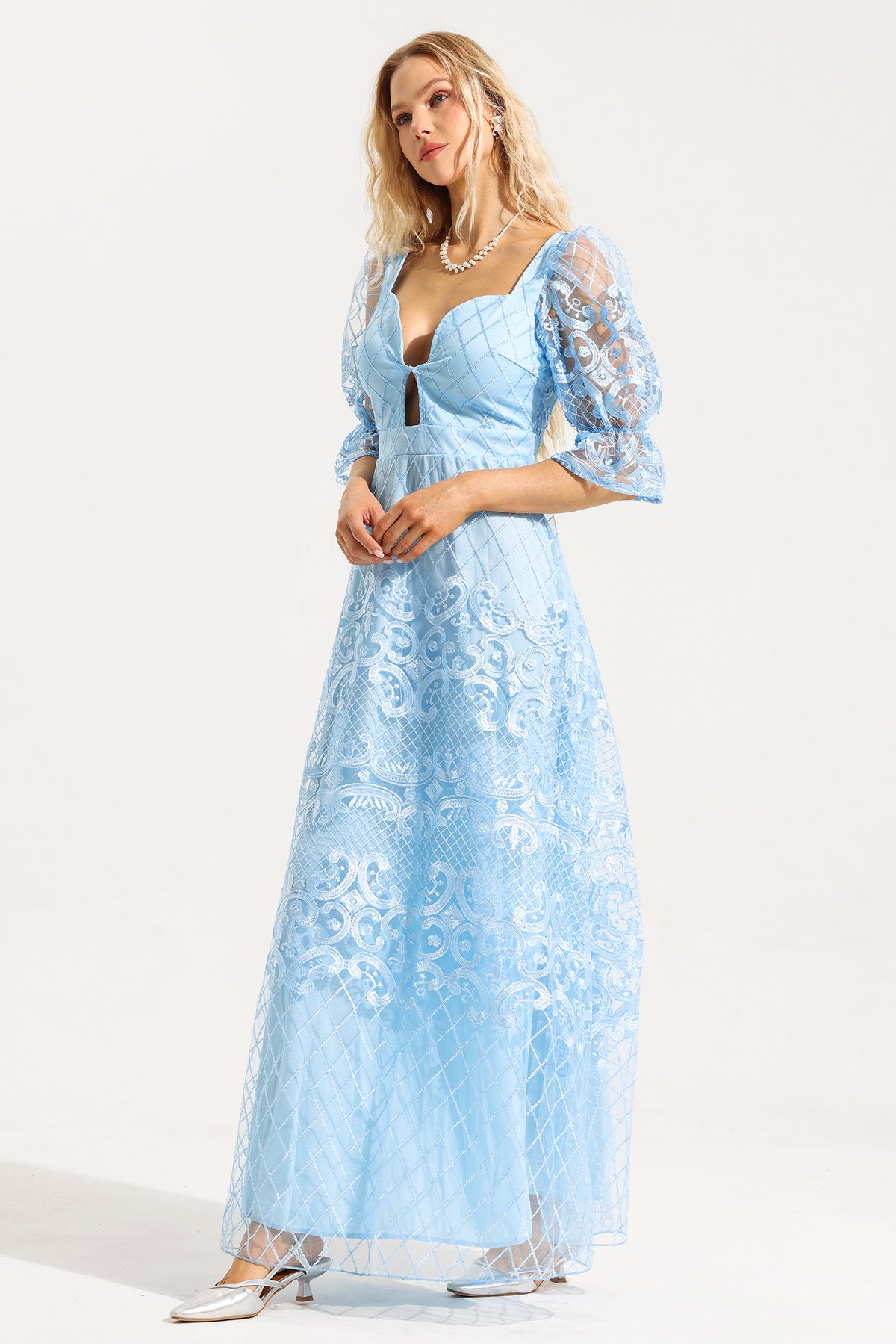 Lace Sweetheart Neck Puff Sleeve Bodycon Maxi Dress
