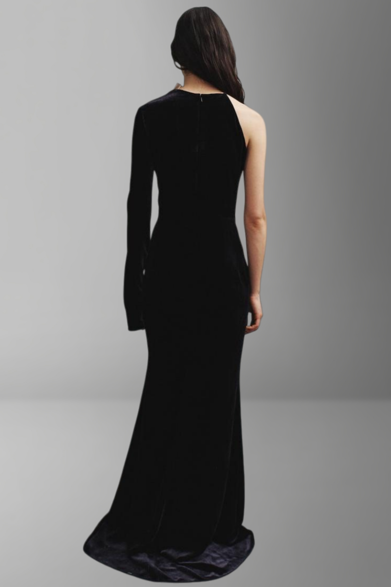 Velvet Splicing Satin Bow One-Shoulder Maxi Dress