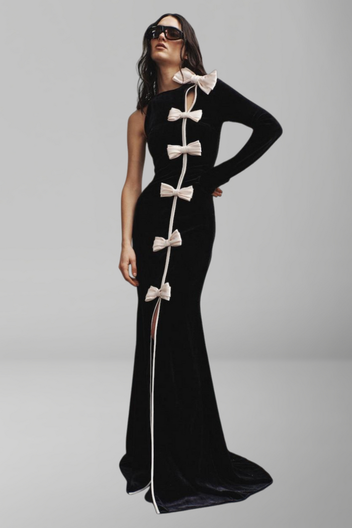 Velvet Splicing Satin Bow One-Shoulder Maxi Dress