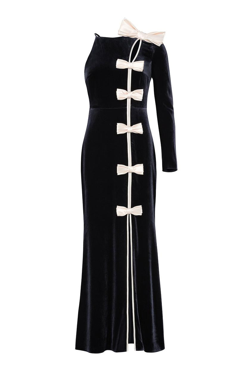 Velvet Splicing Satin Bow One-Shoulder Maxi Dress