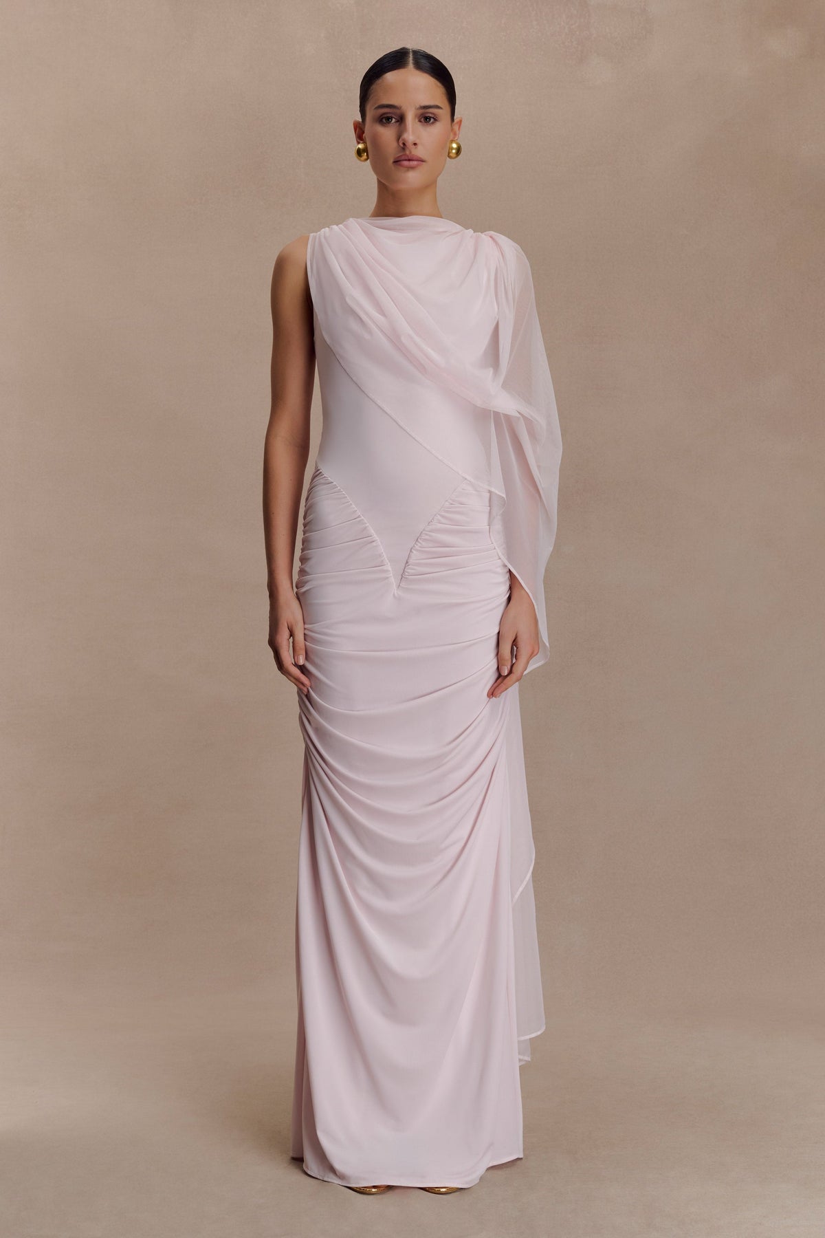 Jersey Gathering Asymmetrical Sleeve Maxi Dress
