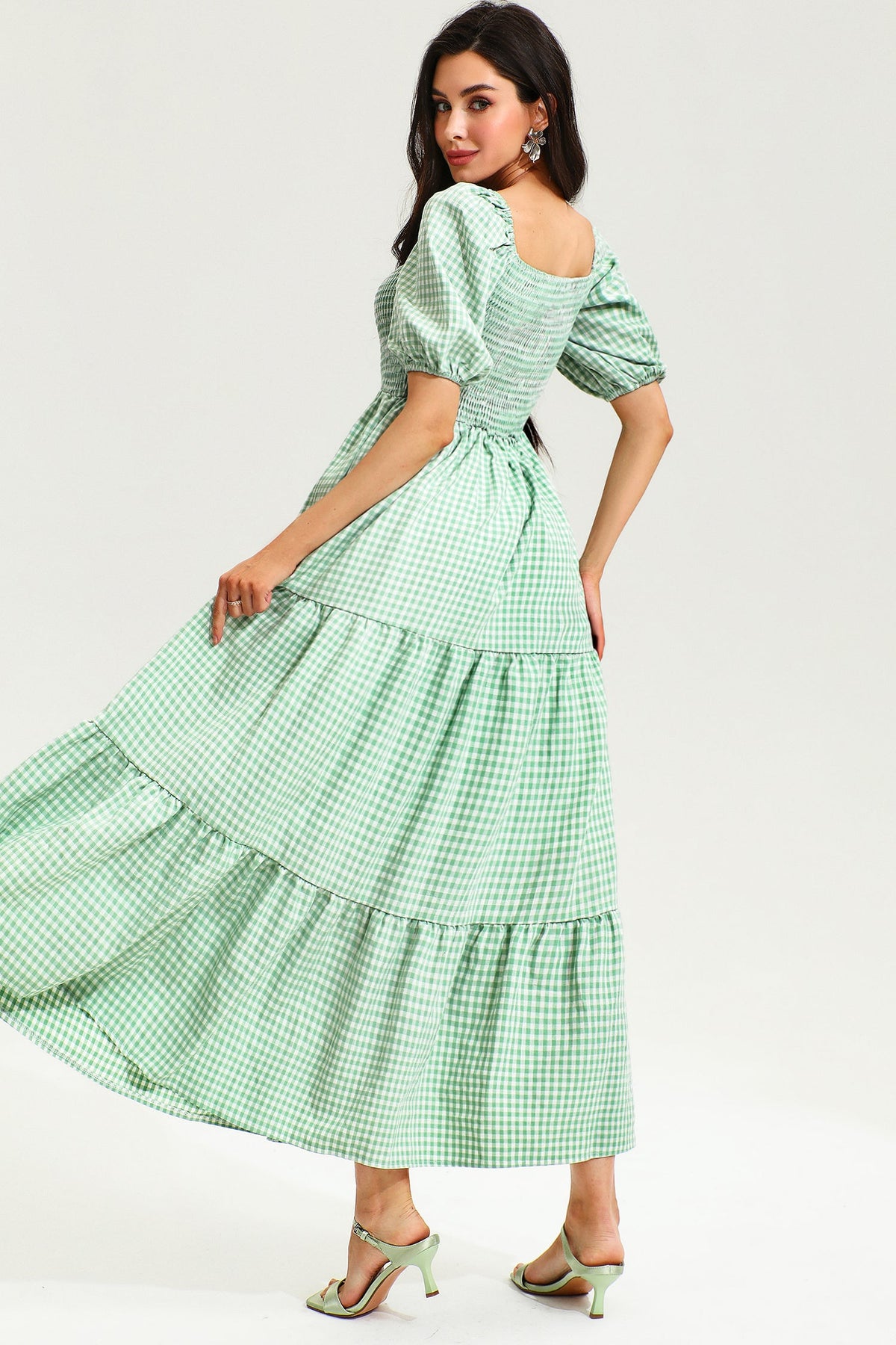 Lattice Short Sleeve Square Collar Midi Dress