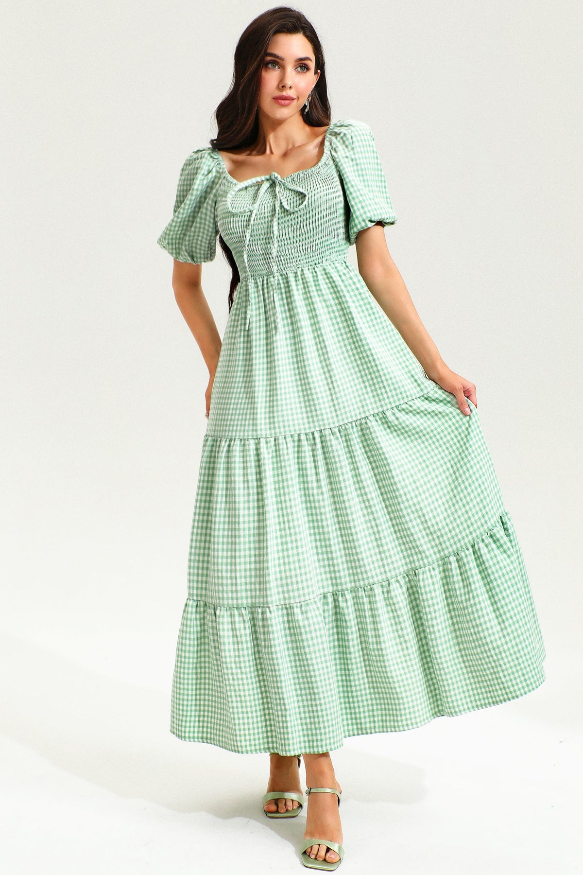 Lattice Short Sleeve Square Collar Midi Dress
