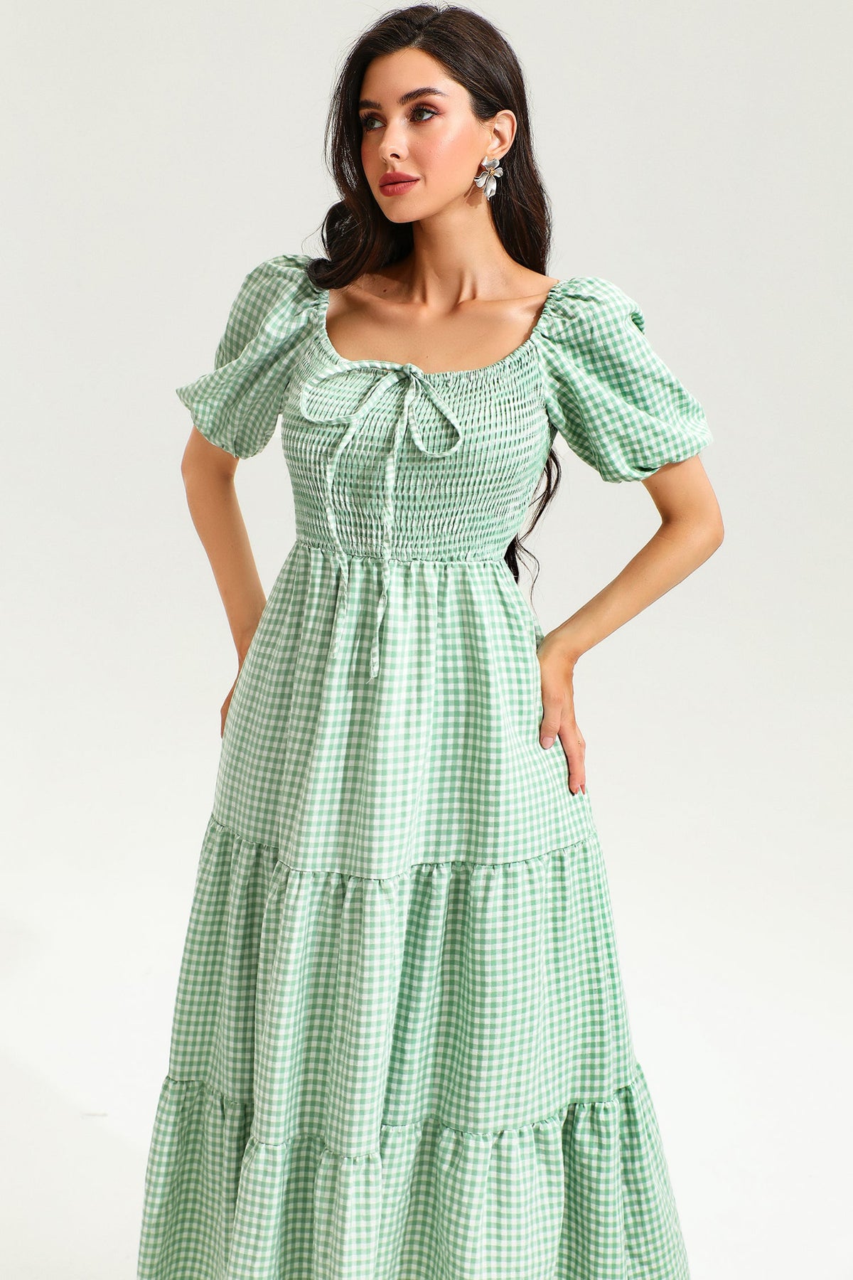 Lattice Short Sleeve Square Collar Midi Dress