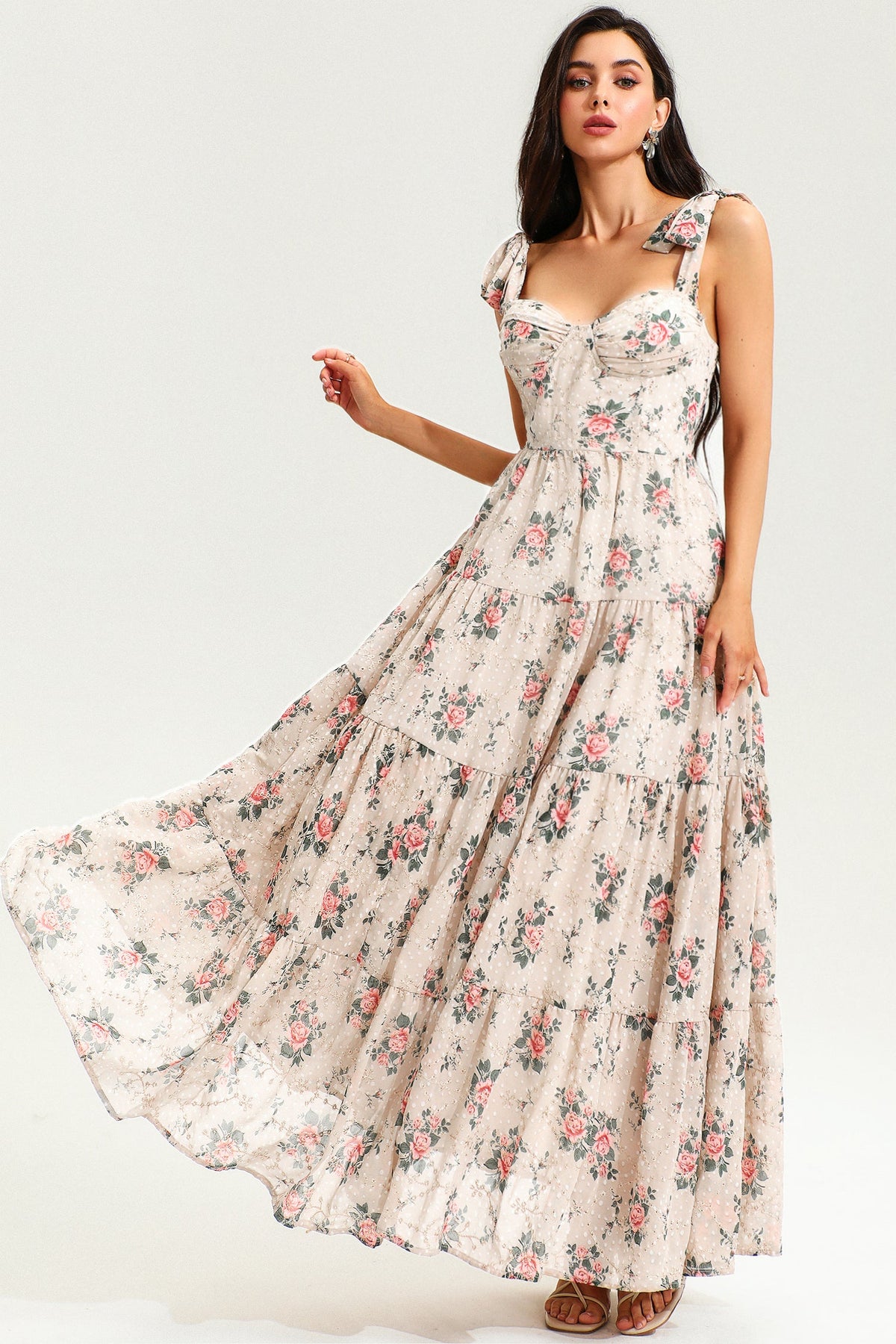 Floral Corset Backless Lace Up Maxi Dress Beige