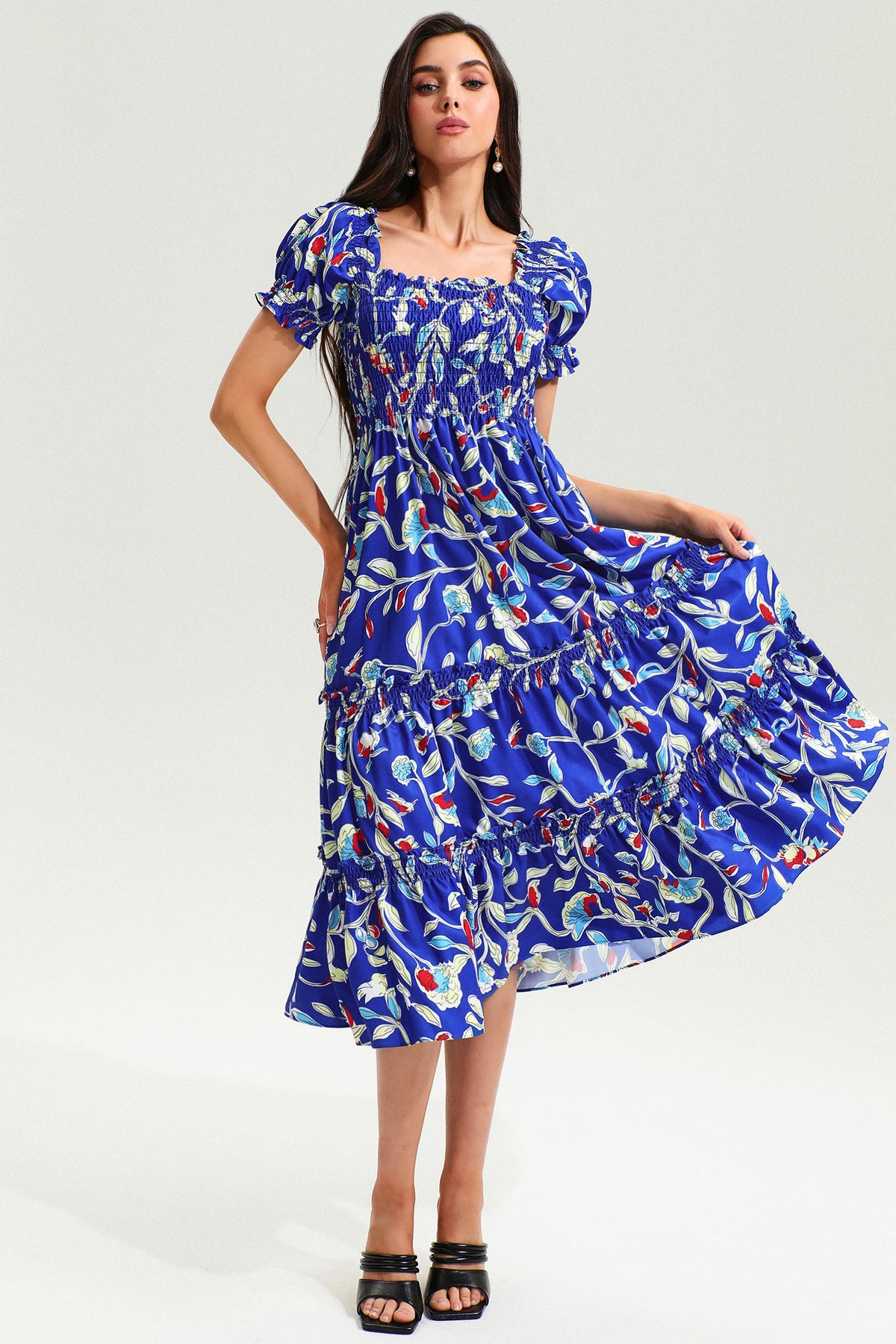 Botanical Print Square Neck Short Sleeve Midi Dress