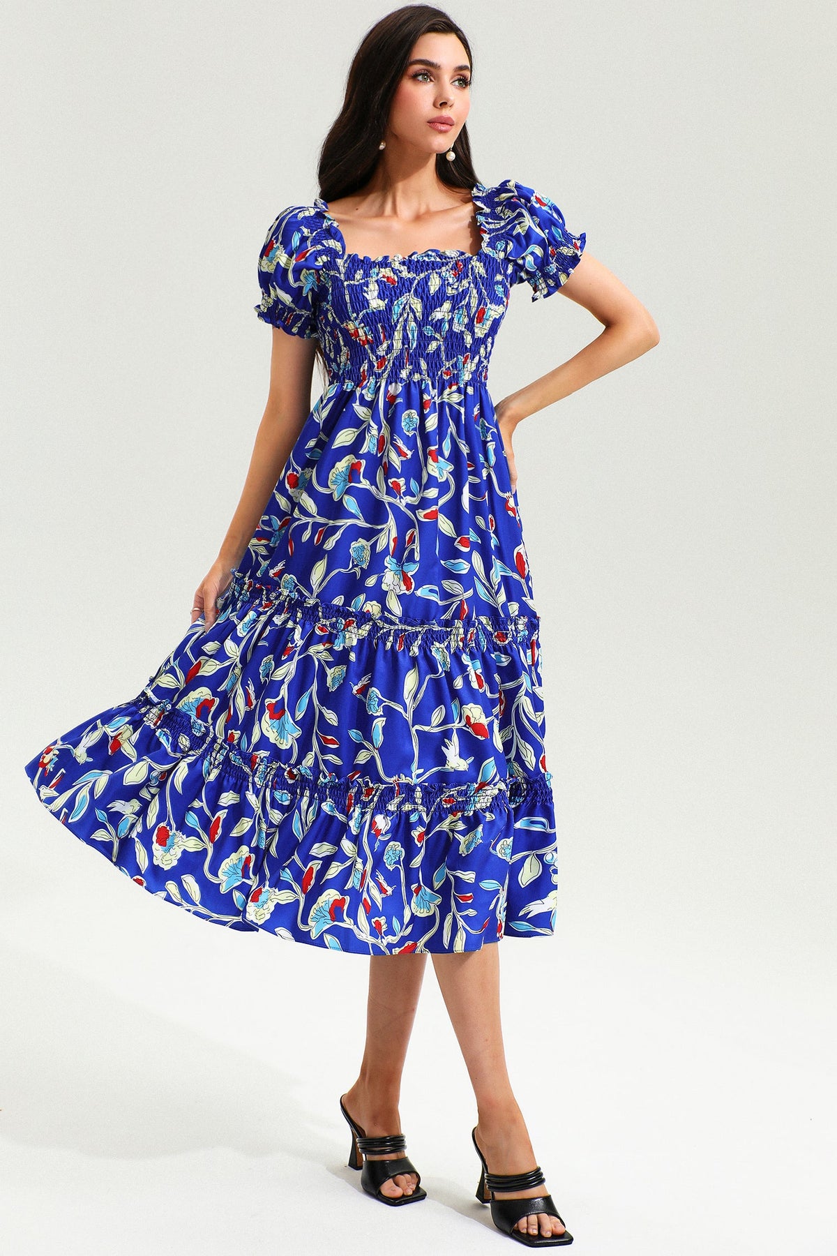 Botanical Print Square Neck Short Sleeve Midi Dress