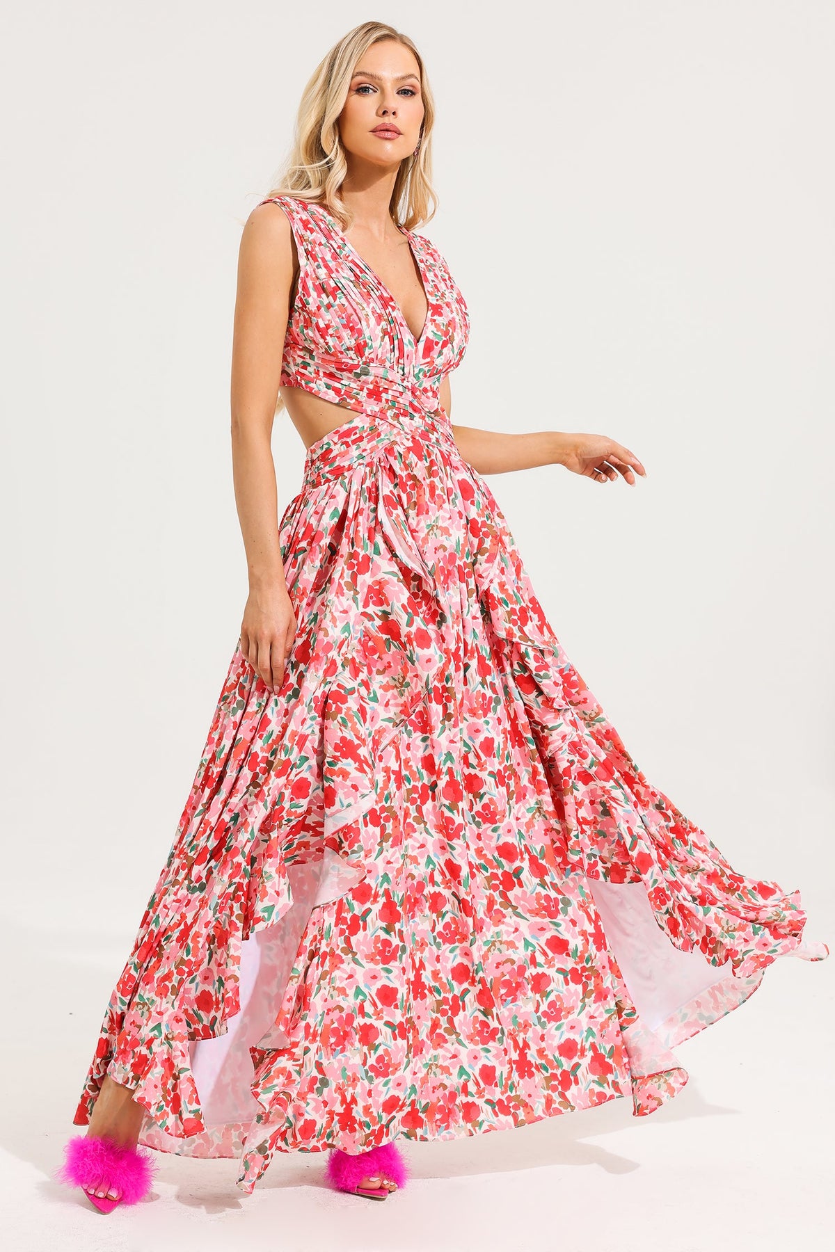 V-Neck Sleeveless Floral Frill Maxi Dress
