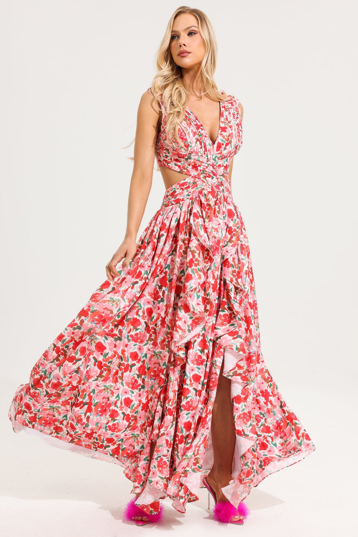 V-Neck Sleeveless Floral Frill Maxi Dress