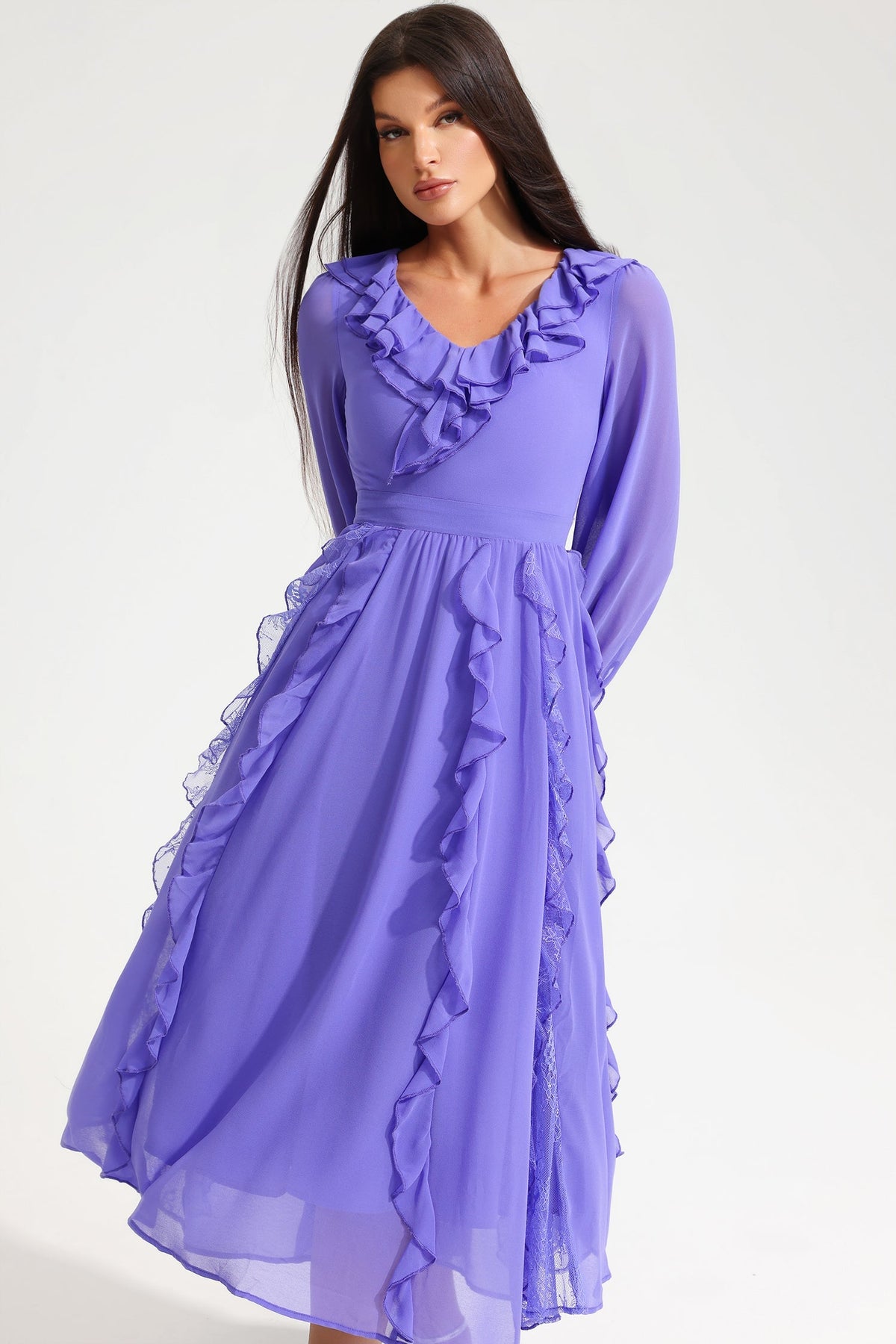 Long Sleeve V-Neck Ruffle Midi Dress Purple