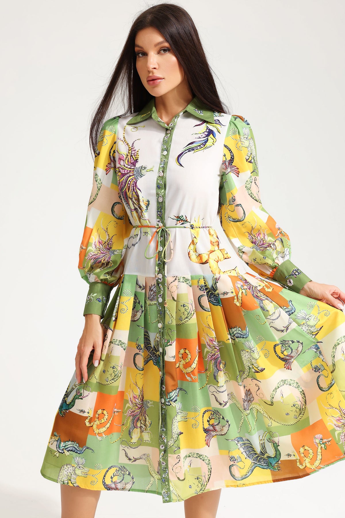 Animal Print Long Sleeve Lace Up Midi Dress