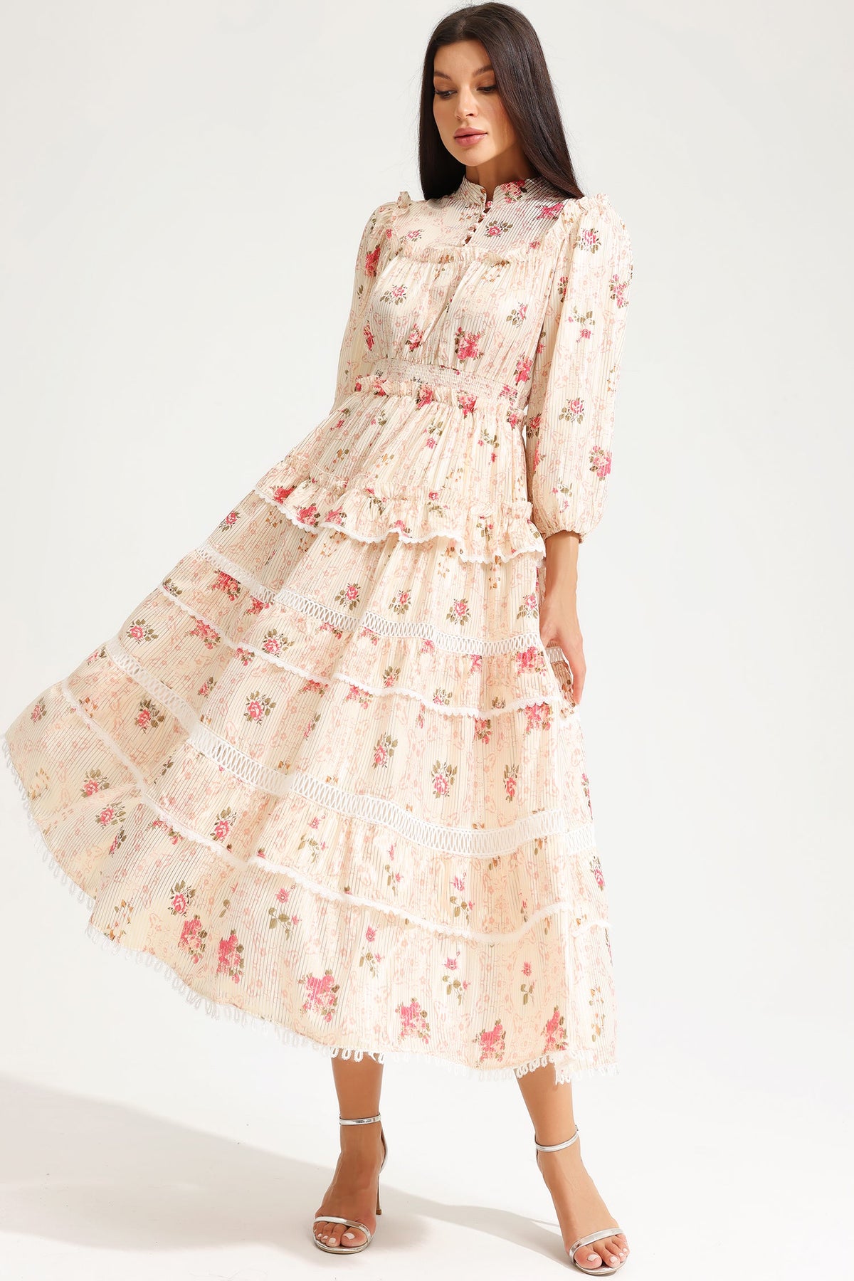 Floral Lantern Sleeve Buckle Midi Dress Yellow