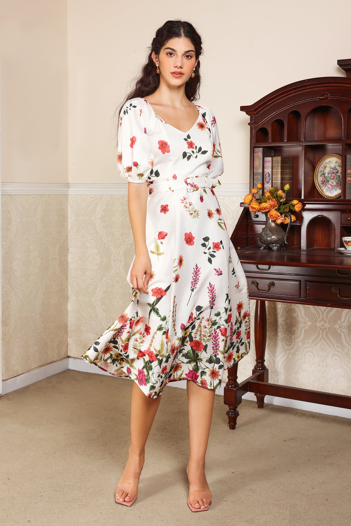 Floral Puff Sleeve V-Neck Belted Midi Dress