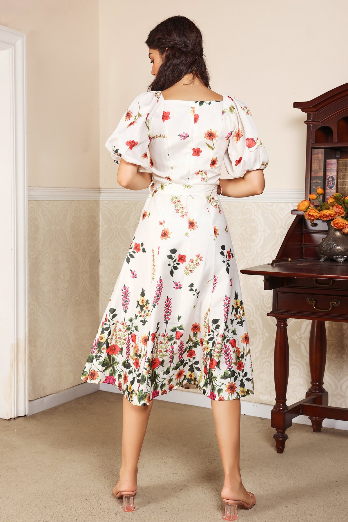 Floral Puff Sleeve V-Neck Belted Midi Dress