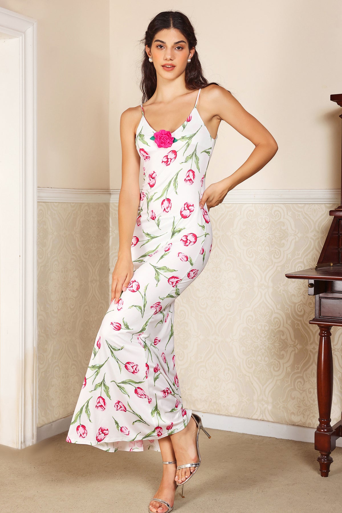 3D Flower Floral Sleeveless Slim Maxi Dress