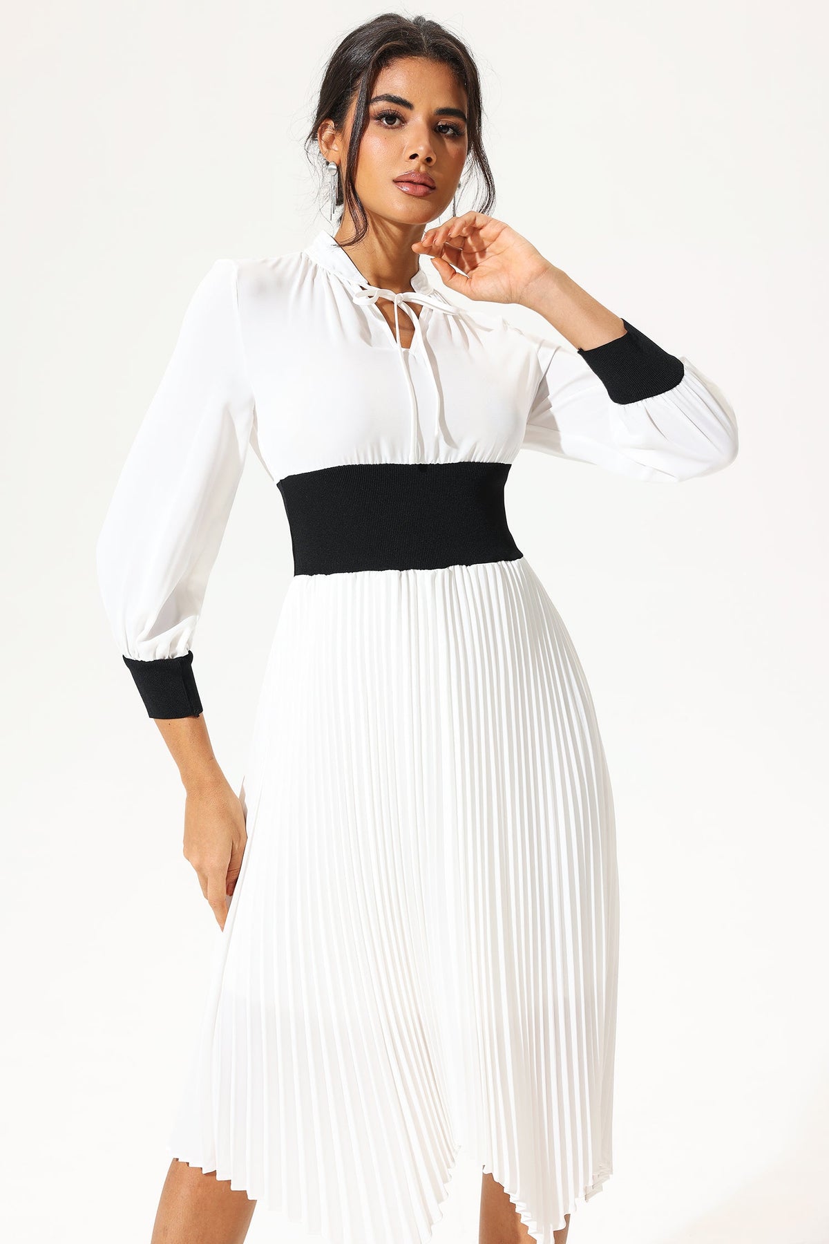 Lantern Sleeve Stand Collar Belted Midi Dress White