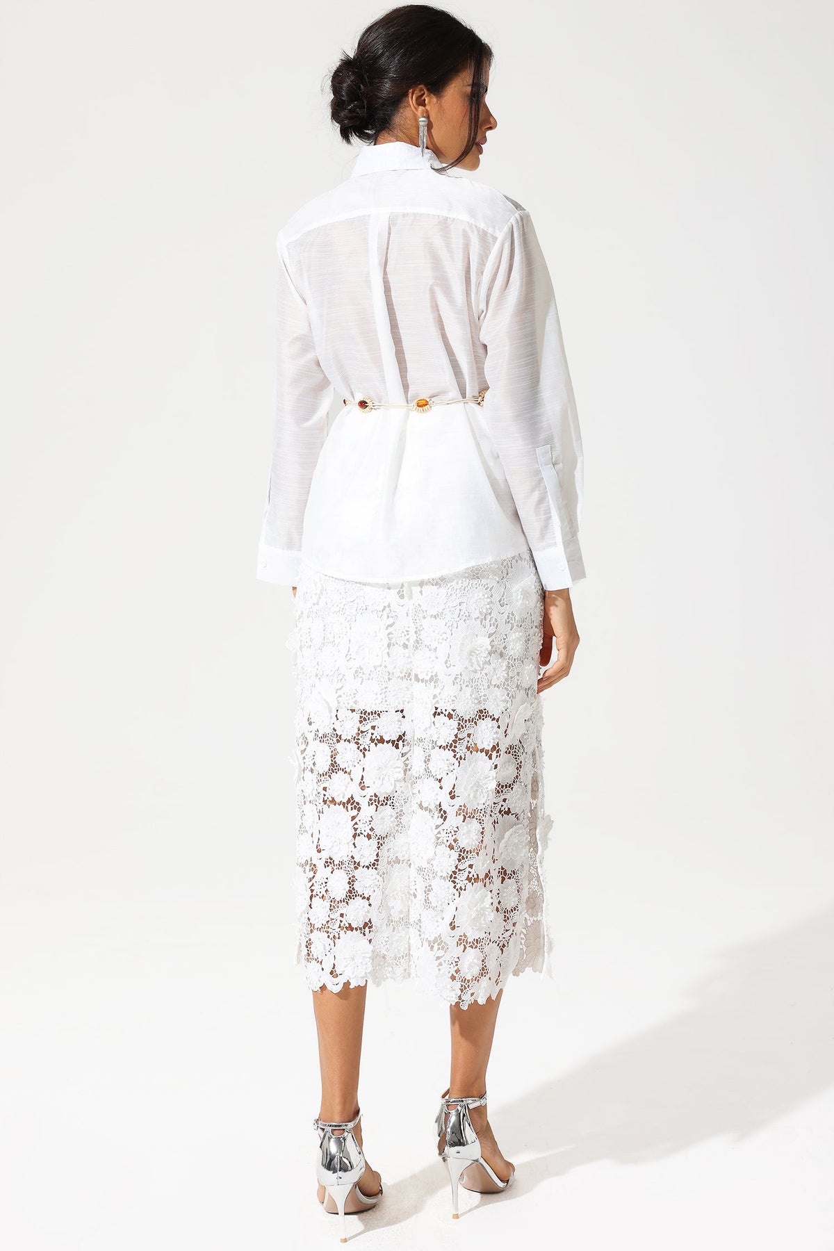 Long Sleeve Lace Cut-Out Slit Dress Set White