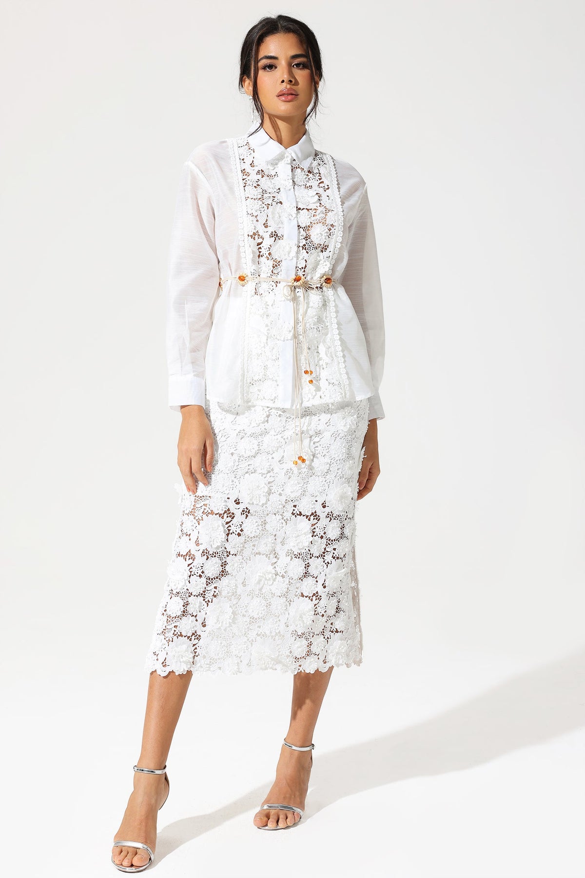 Long Sleeve Lace Cut-Out Slit Dress Set White