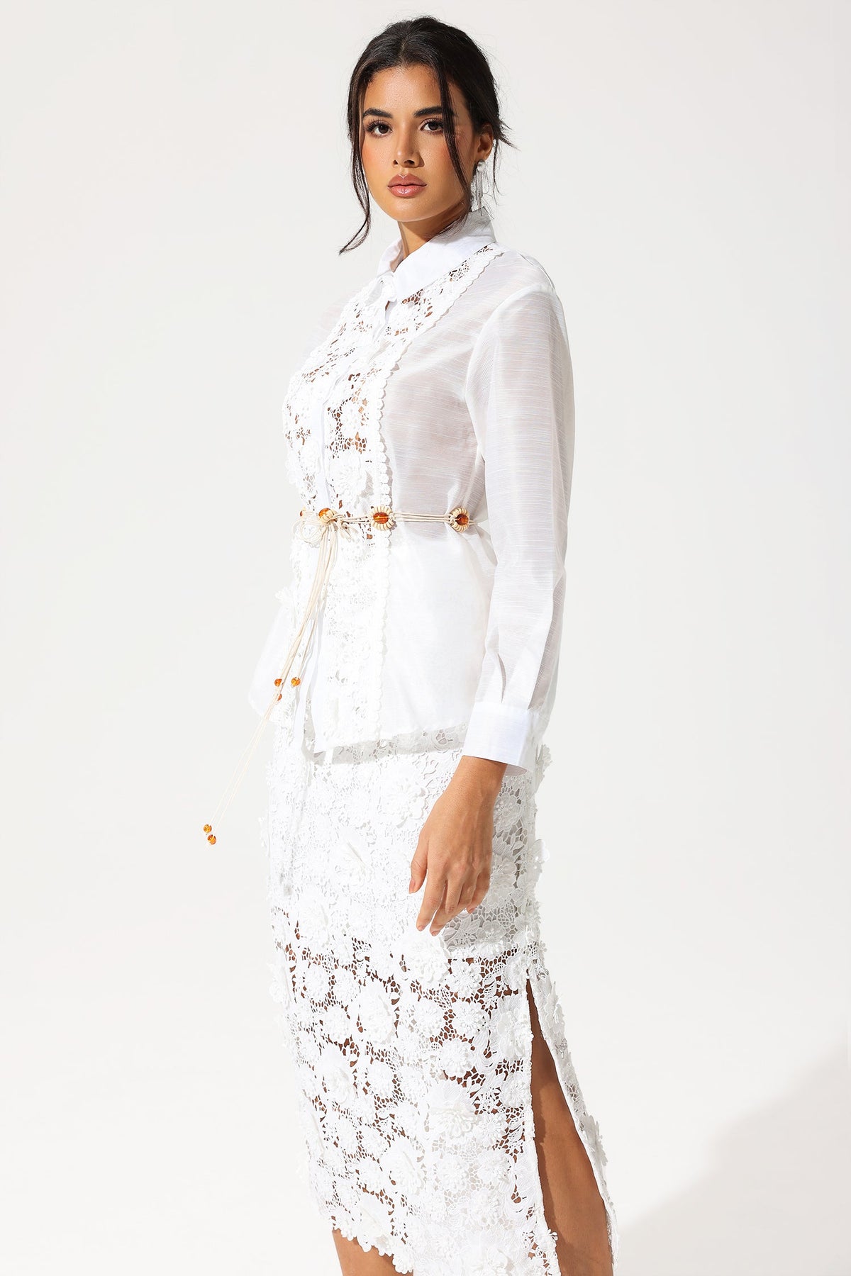 Long Sleeve Lace Cut-Out Slit Dress Set White
