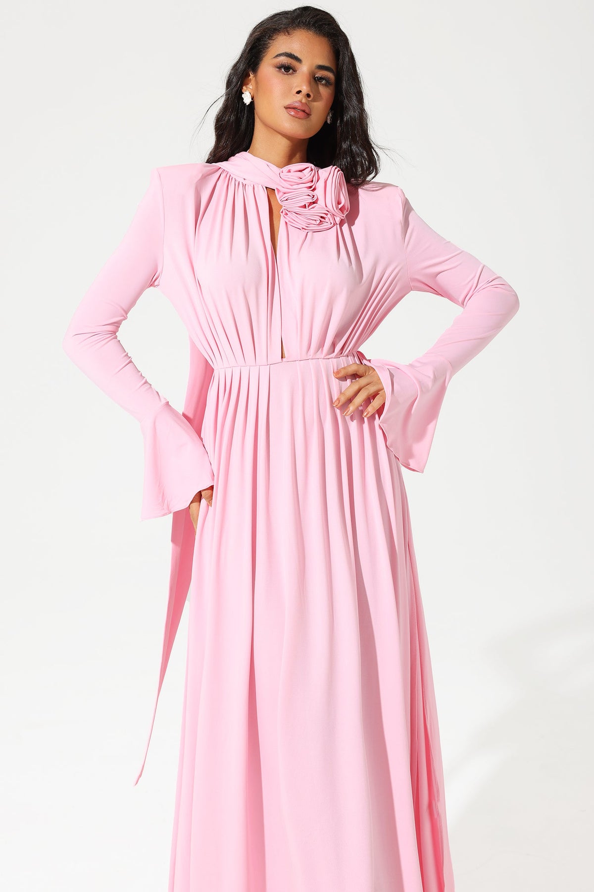 Lantern Sleeve High Collar Flower Slit Midi Dress