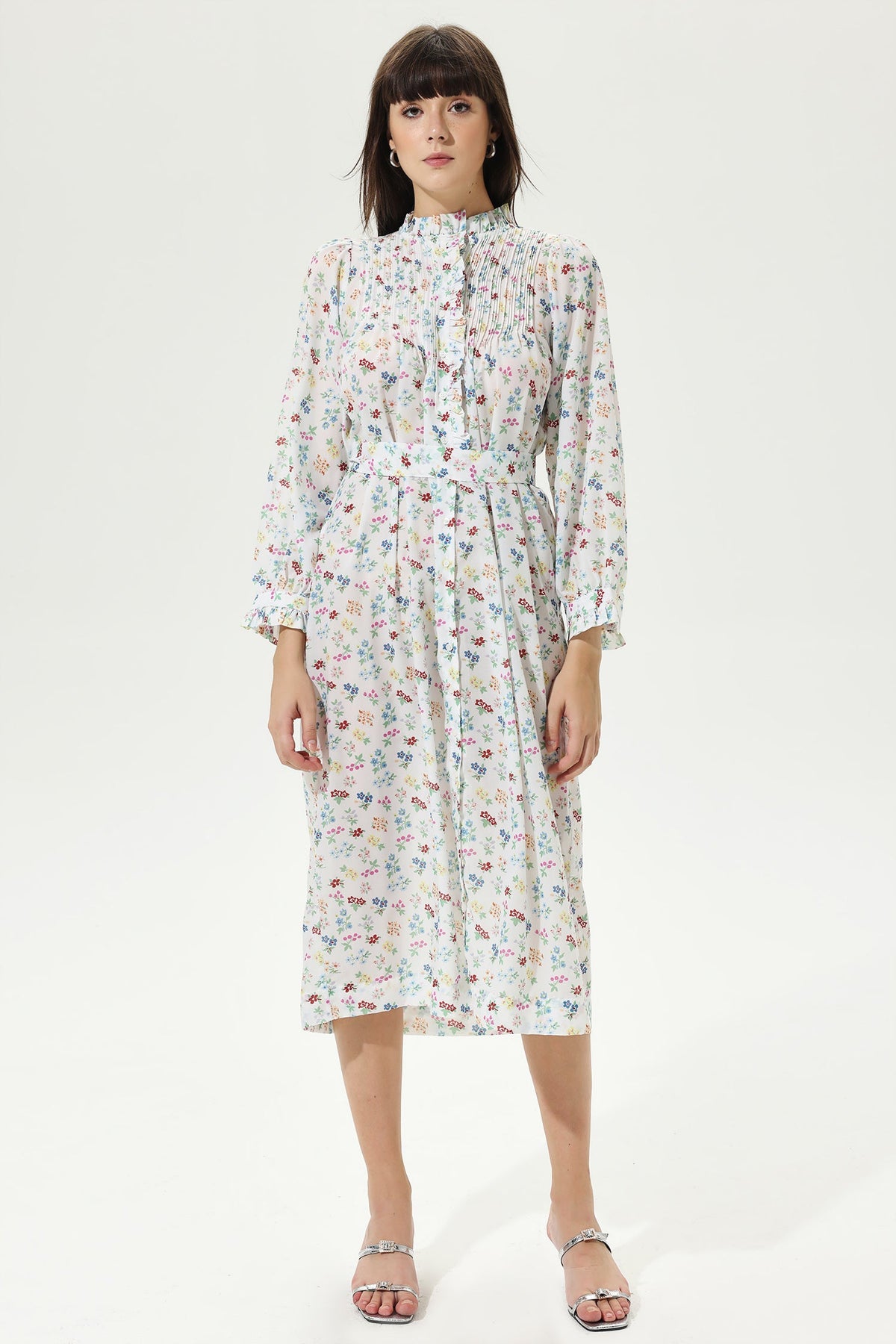 Floral Long Sleeve Lace Up Midi Dress