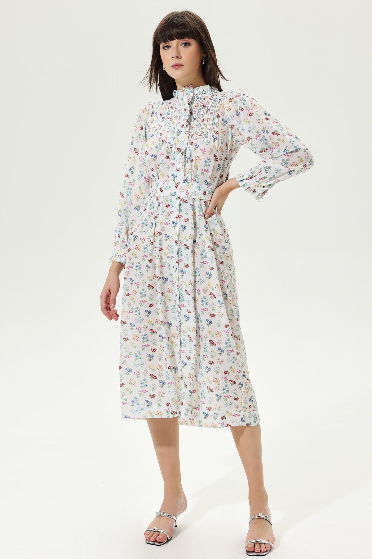 Floral Long Sleeve Lace Up Midi Dress