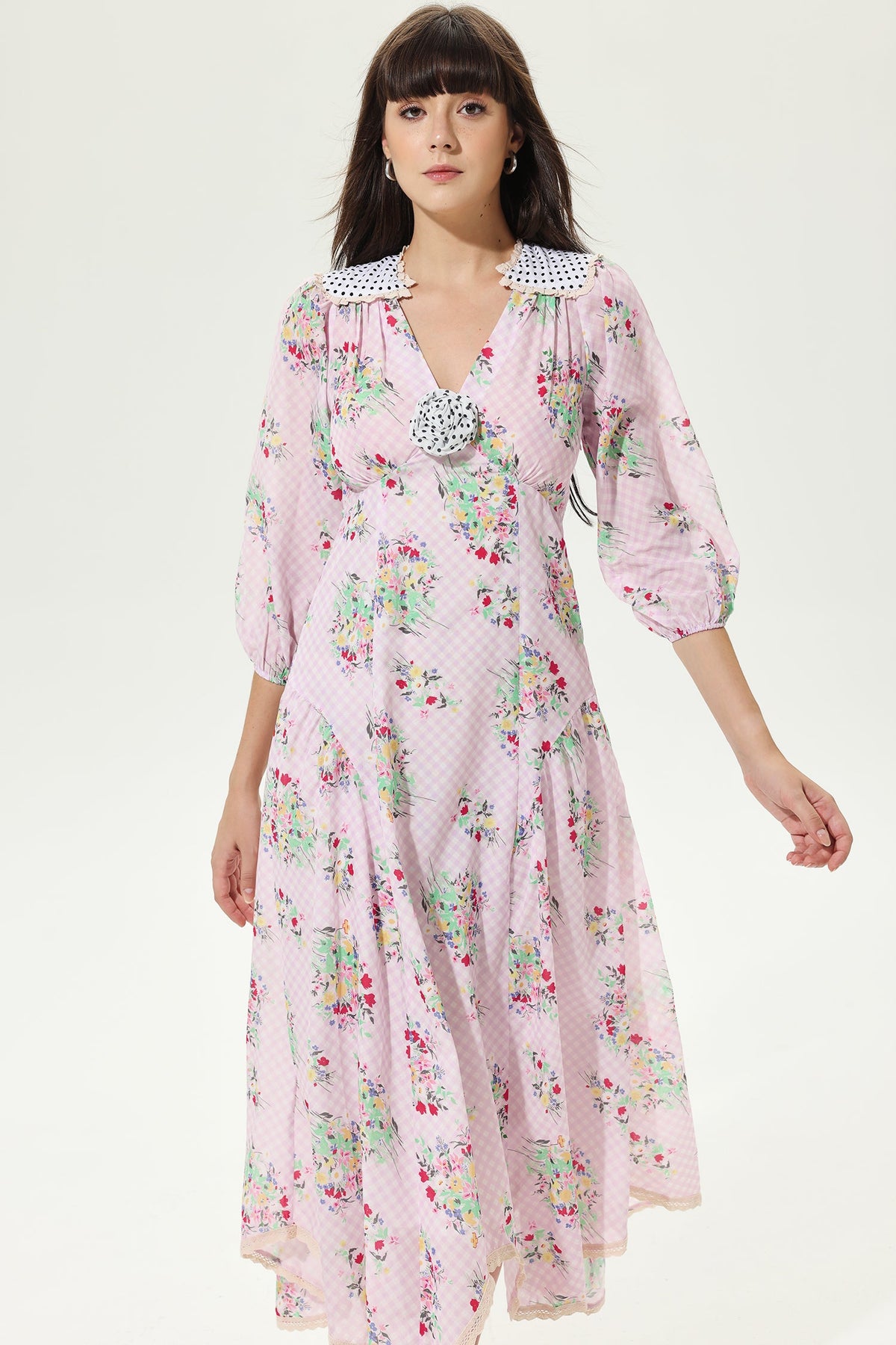 Floral Lantern Sleeve V-Neck Belted LatticeMidi Dress