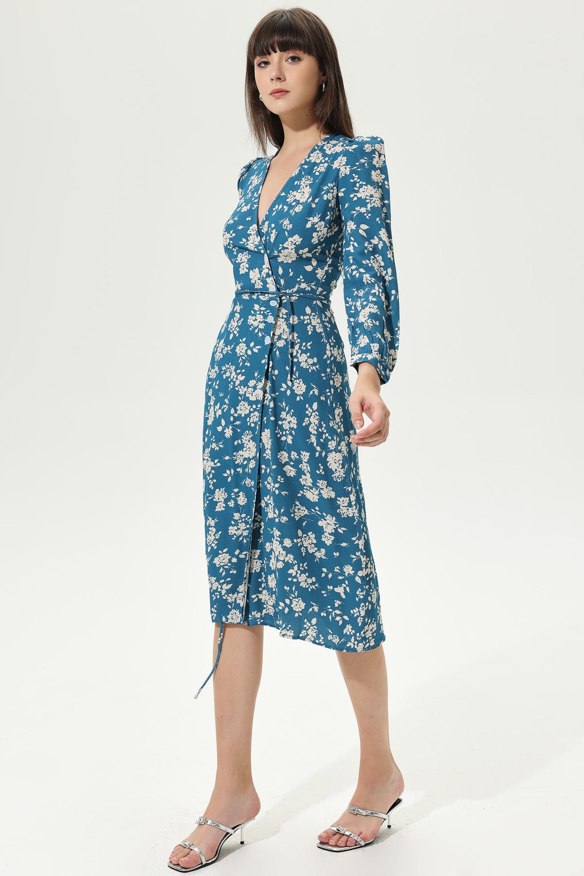 Floral Long Sleeve V-Neck Split Midi Dress