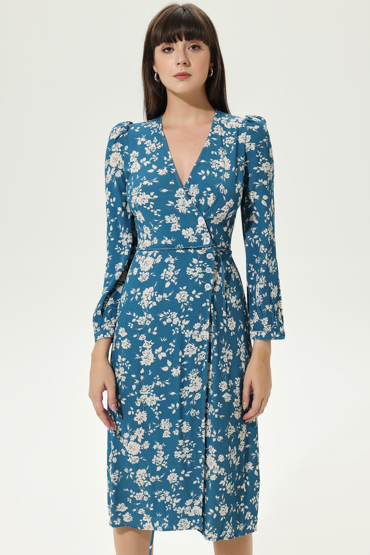 Floral Long Sleeve V-Neck Split Midi Dress