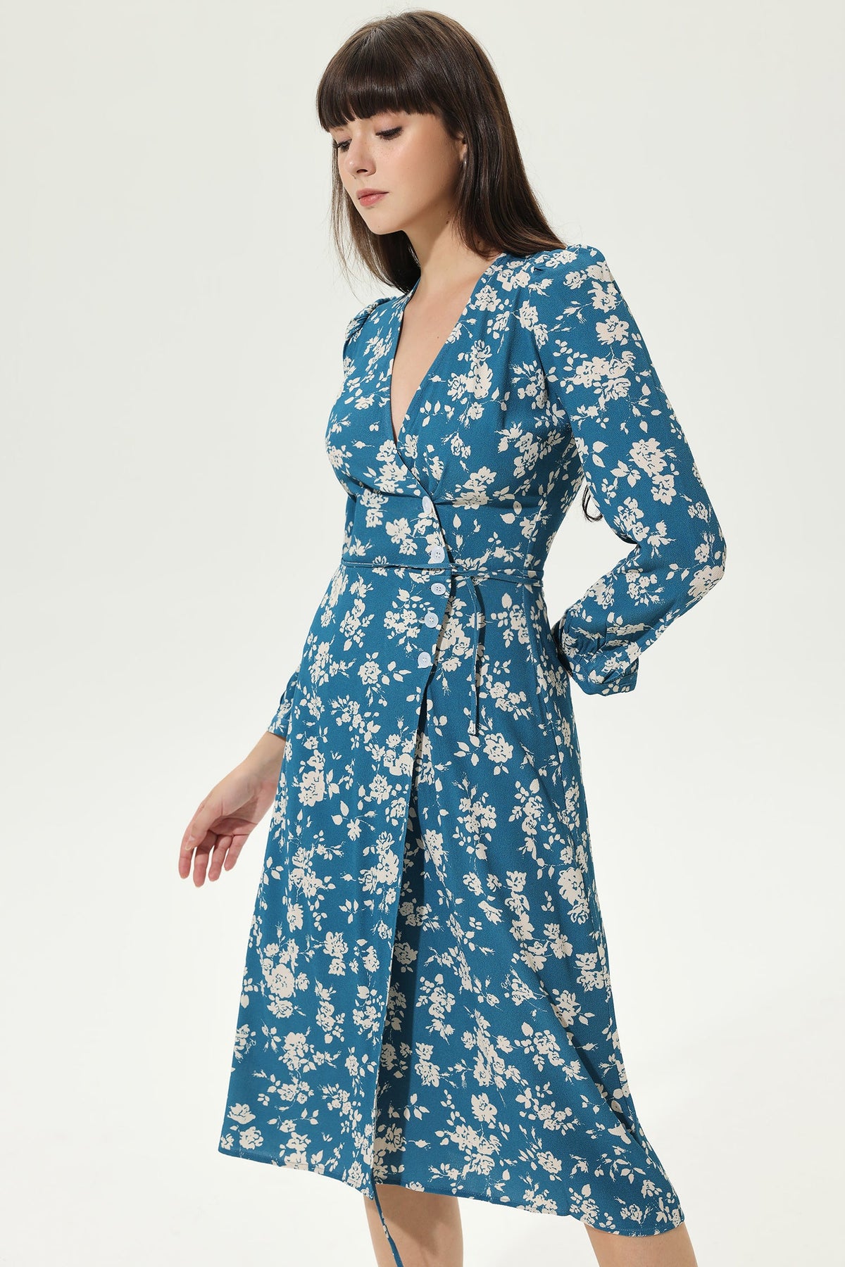 Floral Long Sleeve V-Neck Split Midi Dress