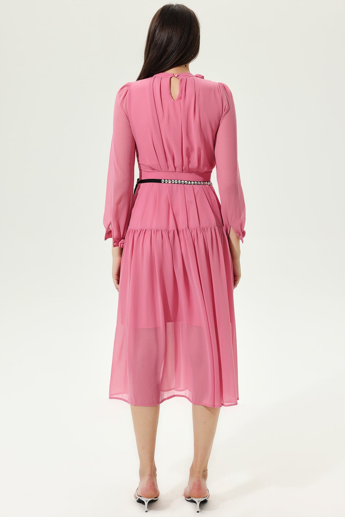 3D Flower Lantern Sleeve Crew Collar Midi Dress
