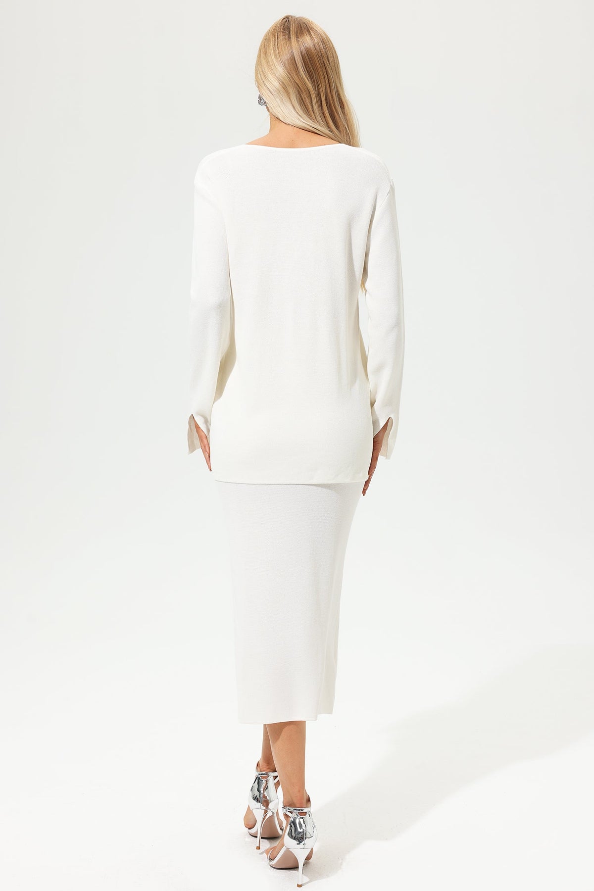 Solid Long Sleeve V-Neck Top & Solid Slim Midi Skirt Set