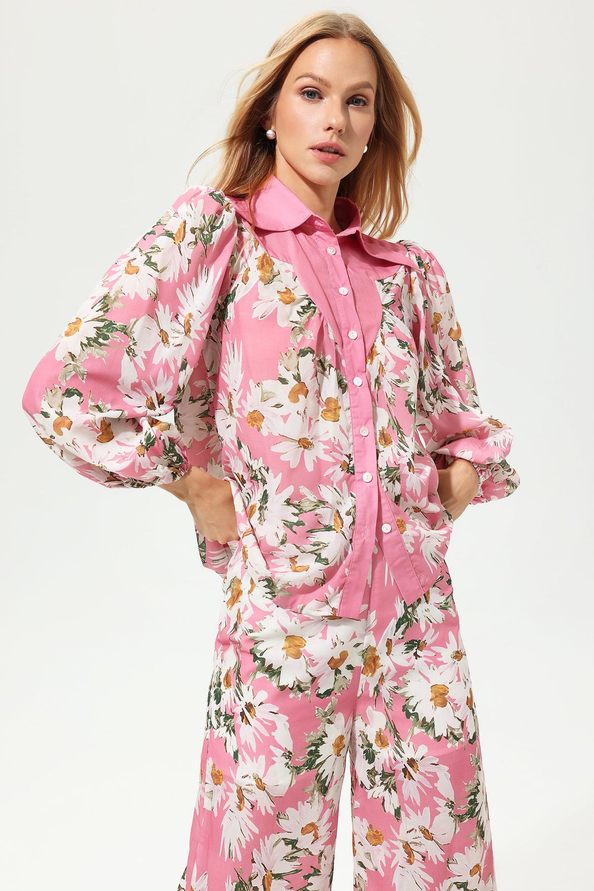 Floral Puff Sleeve Lapel Shirt & Long Wide Leg Pants Set
