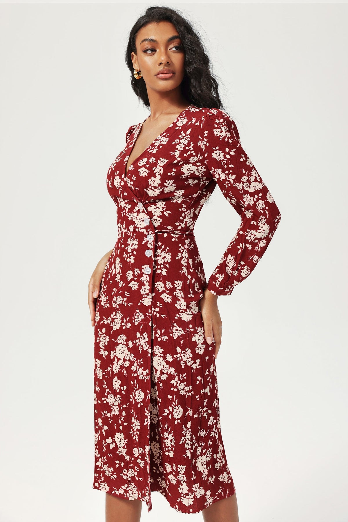 Floral Long Sleeve V-Neck Split Midi Dress Red