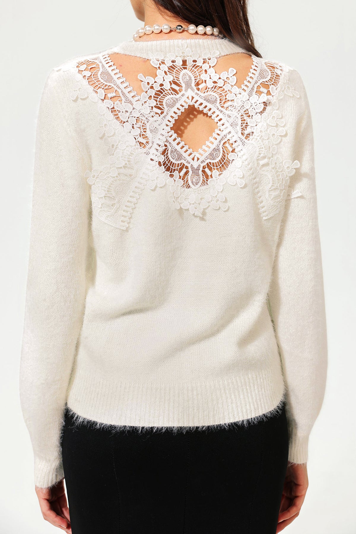 Long Sleeve Crew Collar Cut-Out Lace Sweater